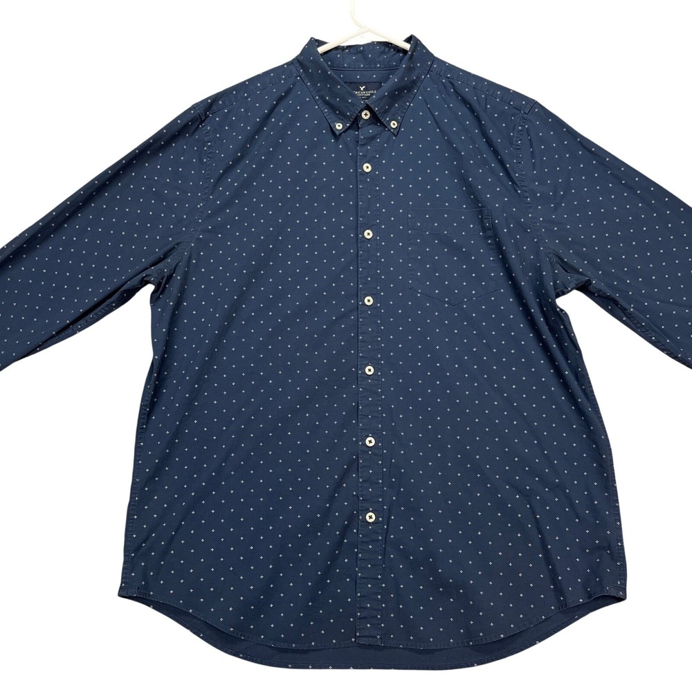 American Eagle Mens XL Classic Fit Navy Blue Geometric Long Sleeve Button Up